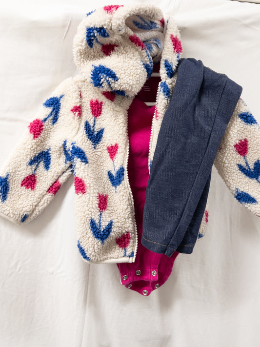 #151 girls carters 9 month old outfit with pink onesie, jeans, and floral fleece jacket
