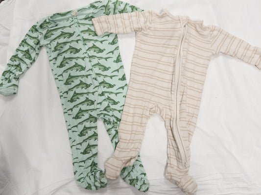 #151 boys 6-9 month sleepers. Sharks Kate and Quinn. White and beige stripes tullabee