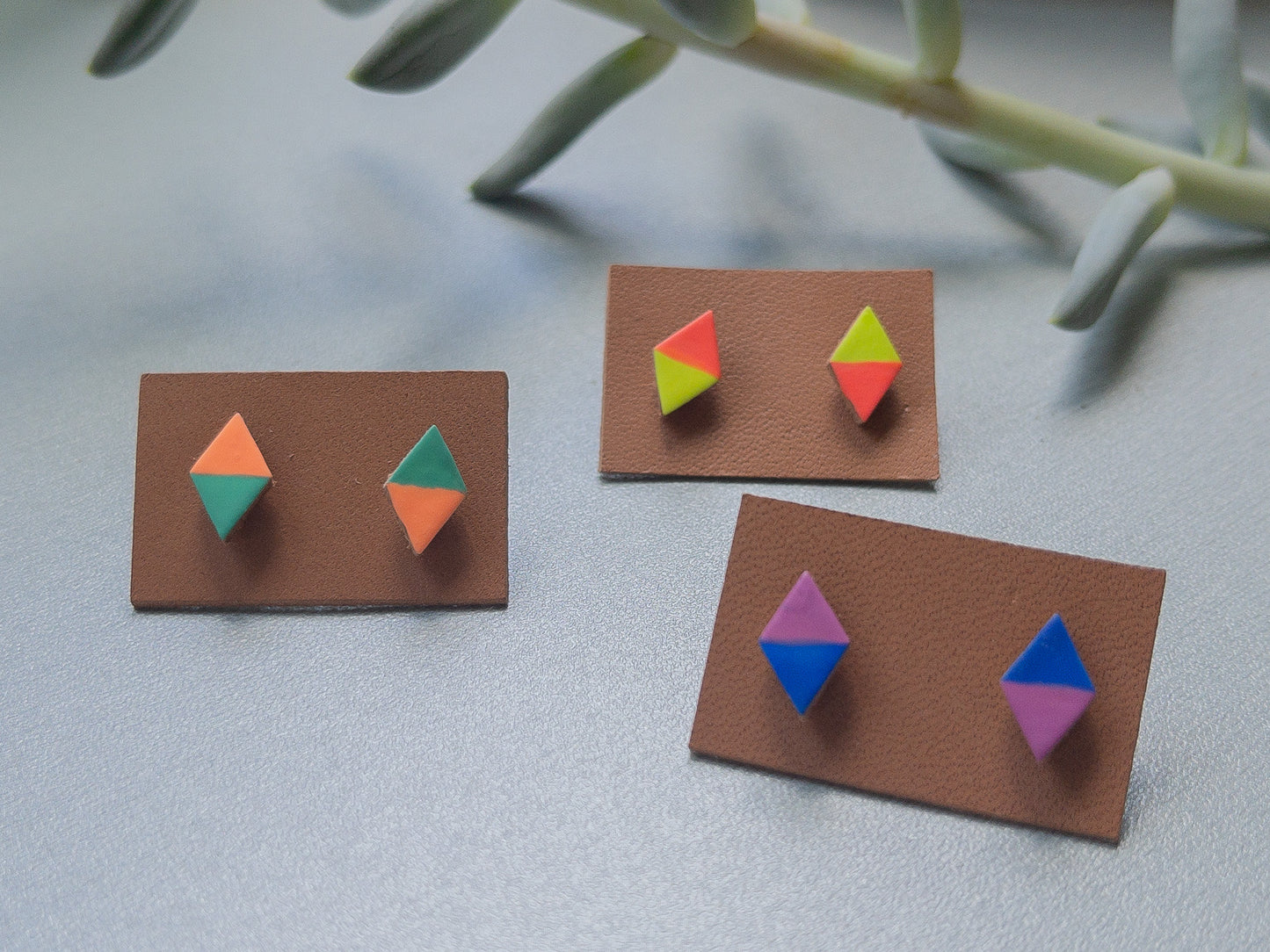 Set of 3 Hand Painted Leather Stud Earrings, Bright Colors - NEW