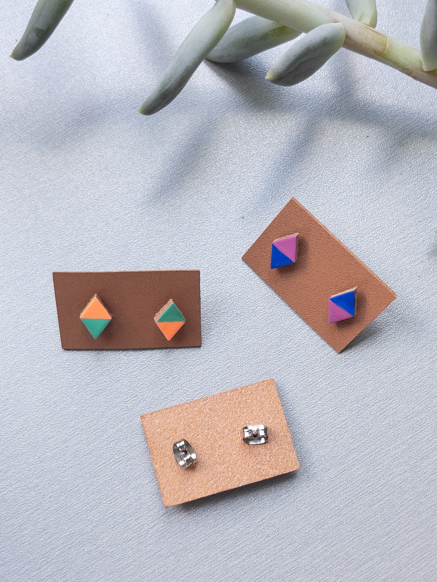 Set of 3 Hand Painted Leather Stud Earrings, Bright Colors - NEW