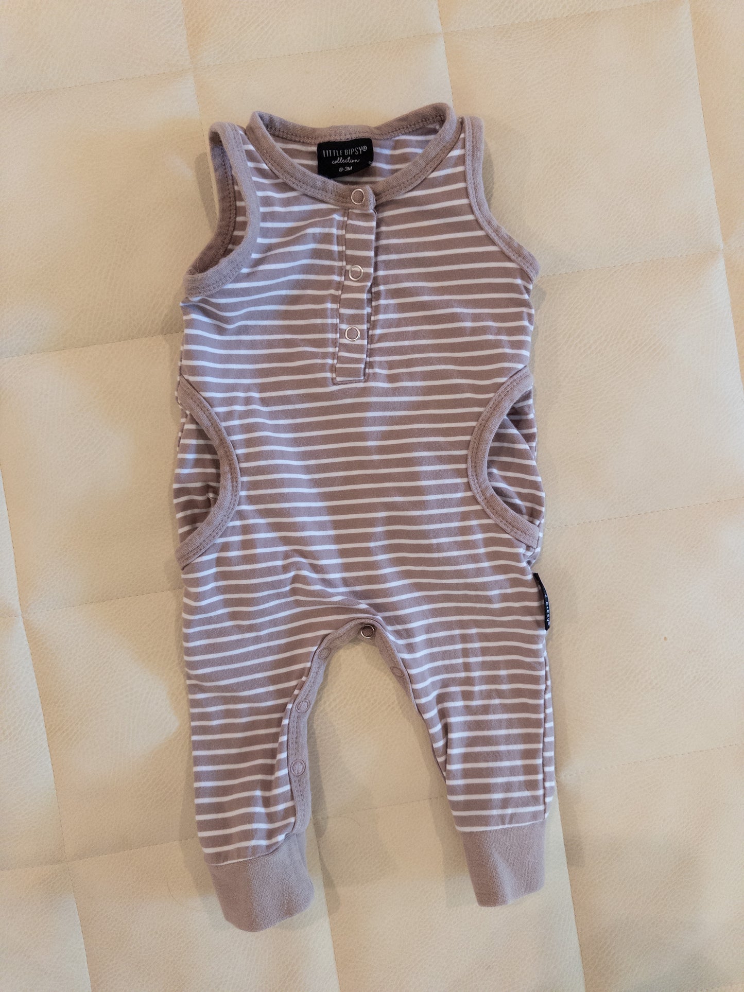 #12 Little bipsy striped pants romper. Beige with white stripes. Gender neutral 0-3 months