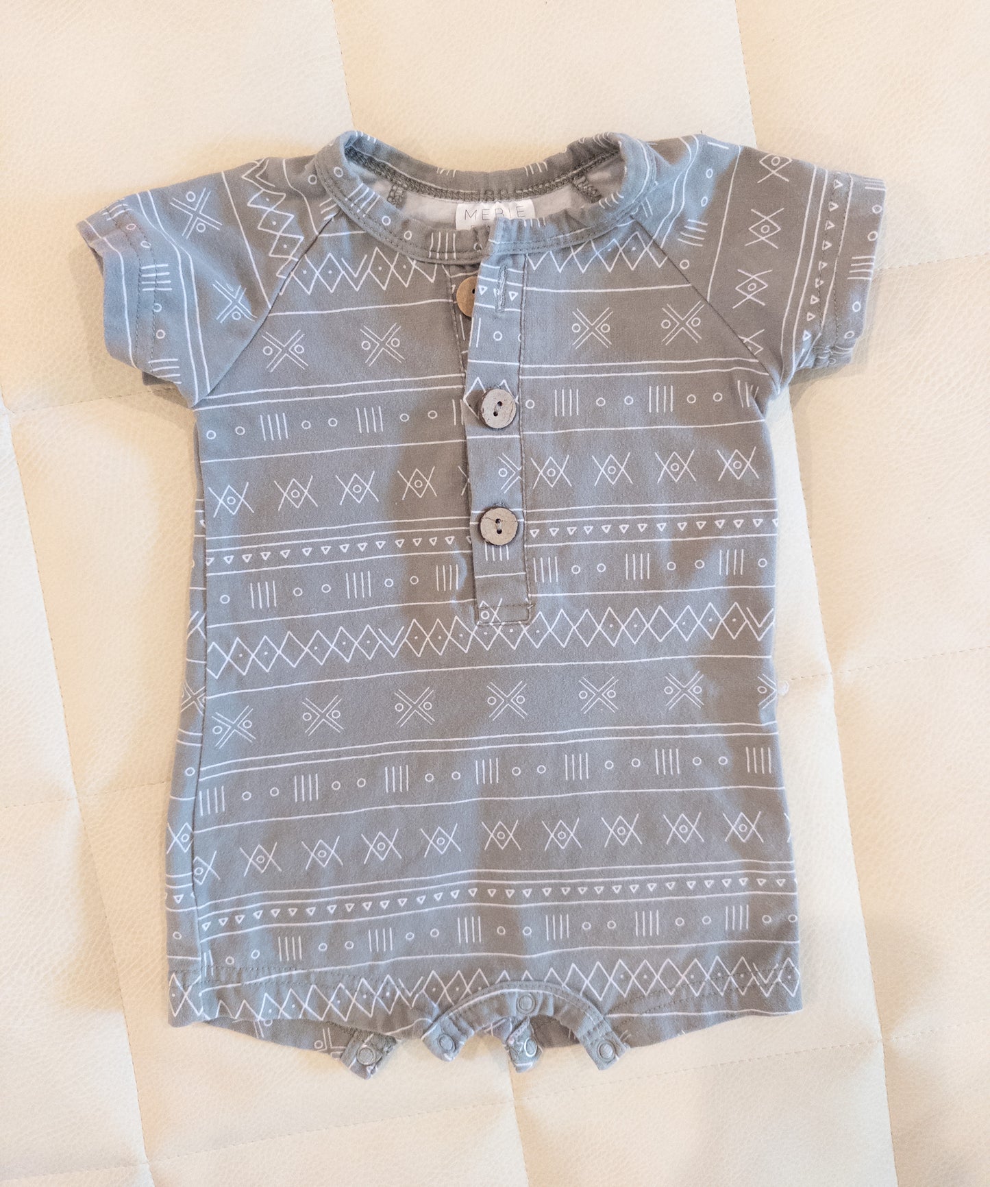 #12 Mebie baby (bought from pen and nash) 0-3 month green/white short sleeved romper with boho designs