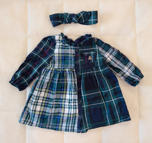 #12 Baby Gap Mixed Plaid holiday dress and headband, baby6-12 months