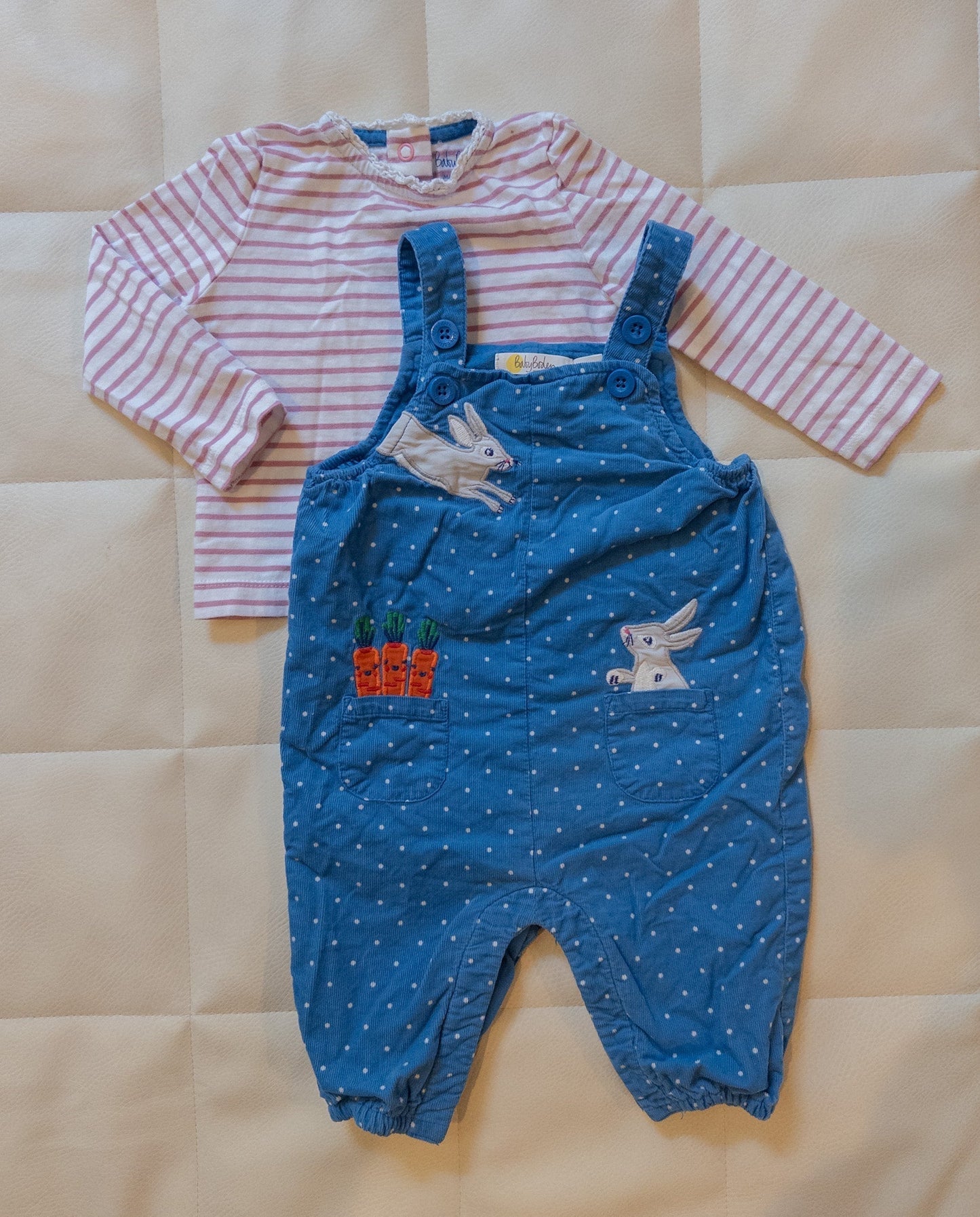 #151 Boden 3-6m bunny overalls & pink striped blouse - EUC