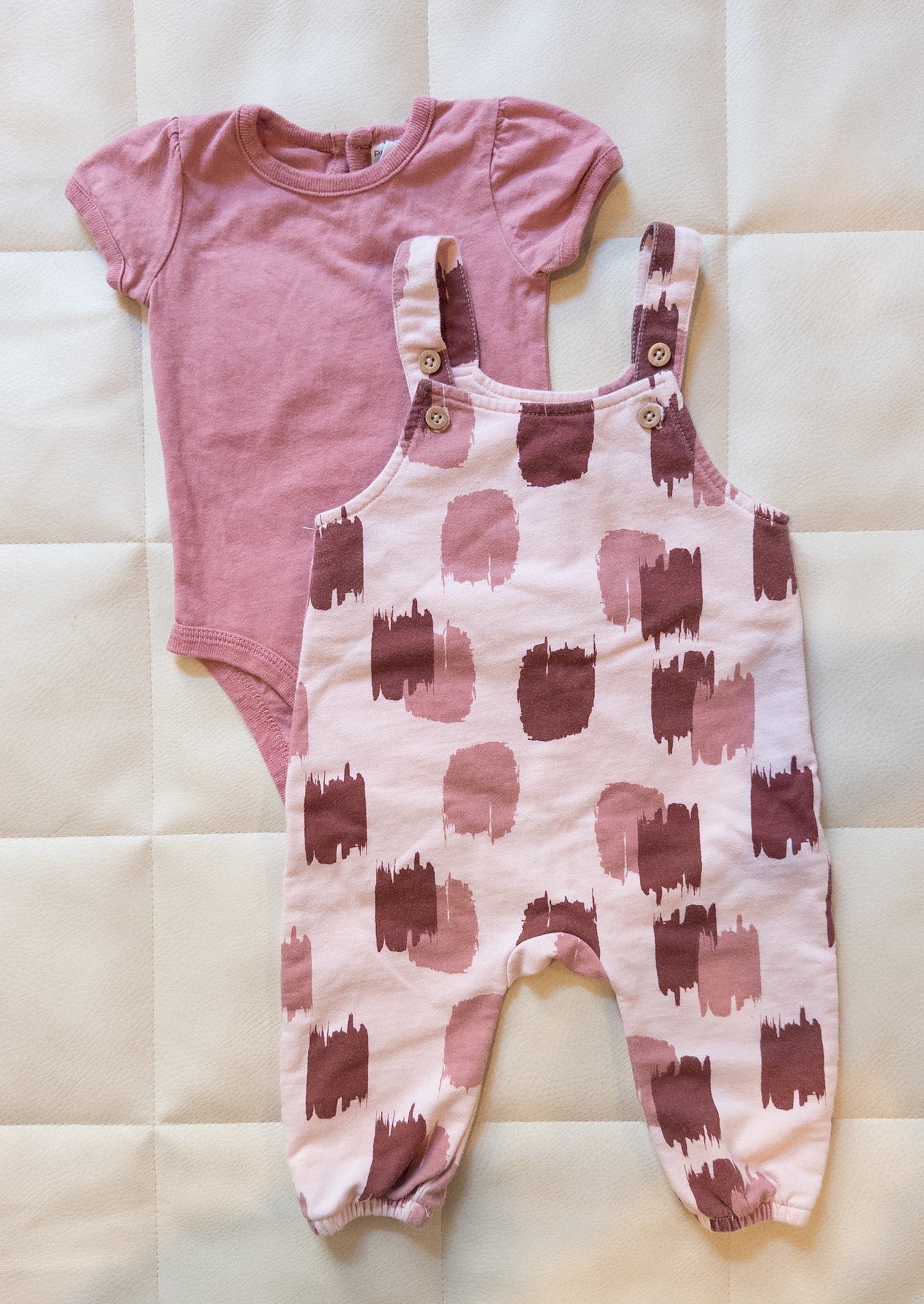 #151 6m pink puff sleeve tee + paintbrush pattern overalls - EUC