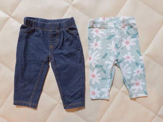 #151 Carter's 3m girls pants bundle, denim and floral leggings - EUC