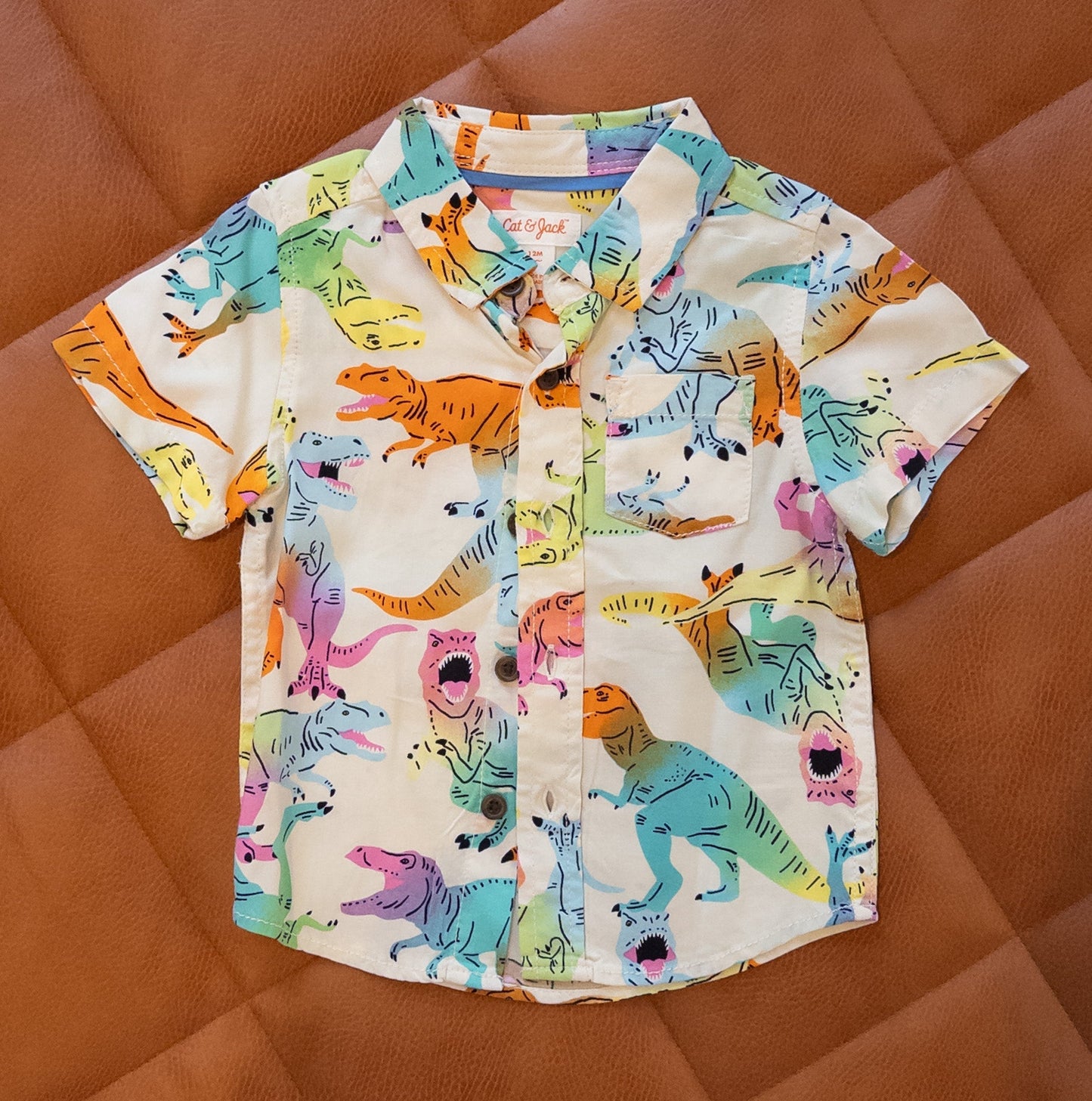 #101 Cat & Jack 12/18m rainbow dinosaur short sleeve button up - like new