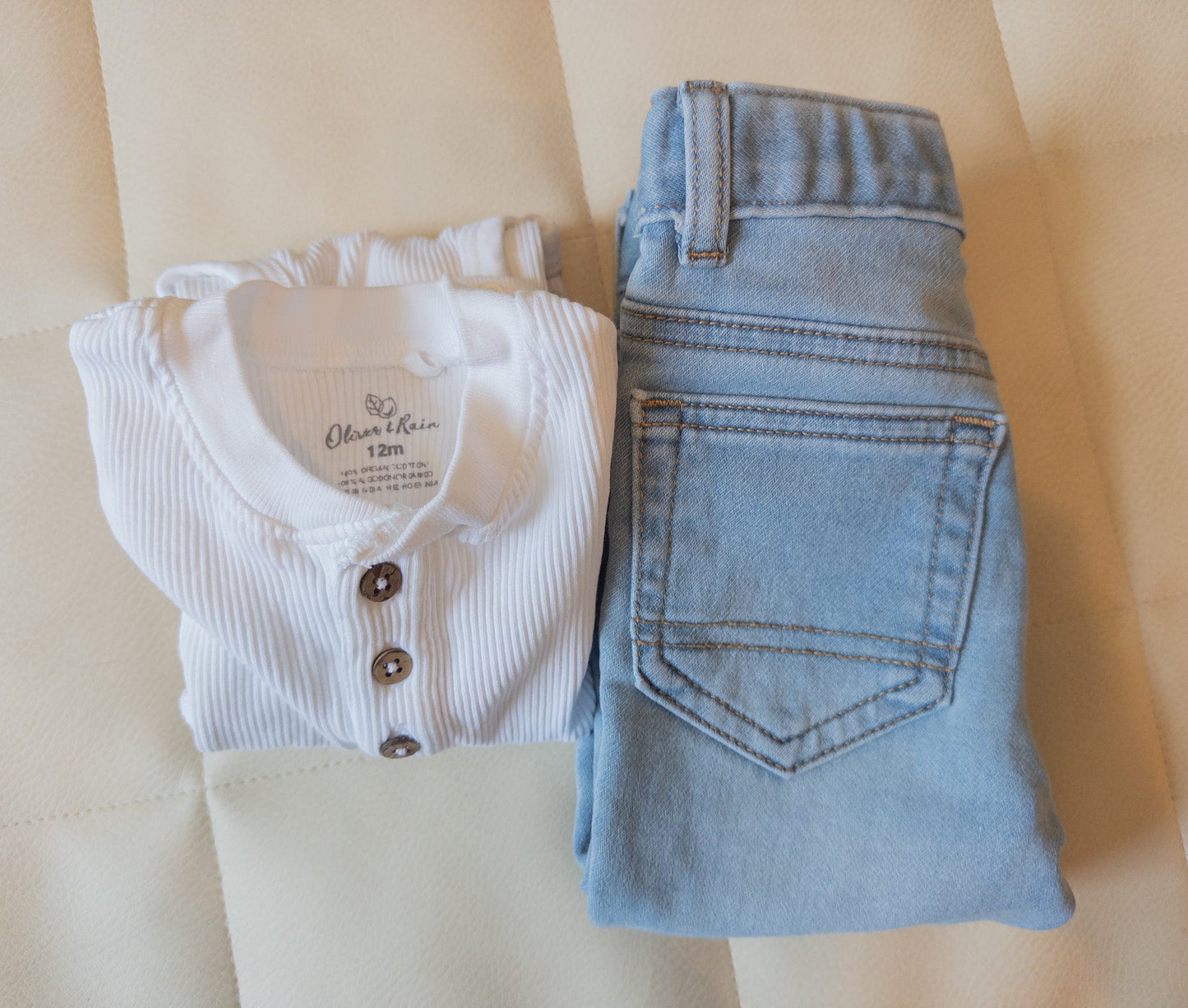 #152 12m bundle - Oliver Rain ribbed onesie + Cat & Jack jeans - EUC