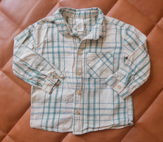 #152 H&M 2T off white & jade green flannel shirt - EUC