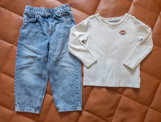 #37 3T Cat & Jack Boys Barrel Jeans + Falls Creek Football Waffle Long Sleeve - EUC