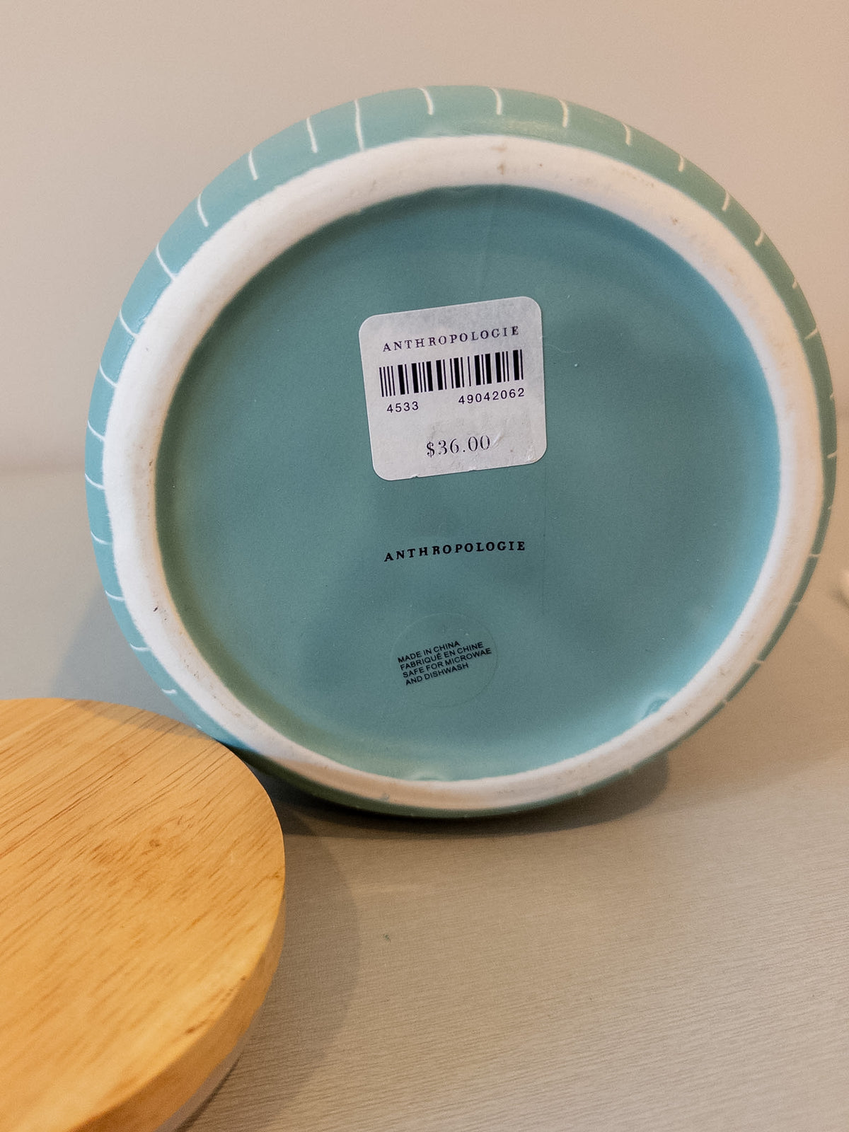 #37 Anthropologie 7.5" jar with wooden lid - EUC