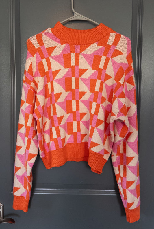 #37 Women's XS orange and pink geometric sweater - Like New