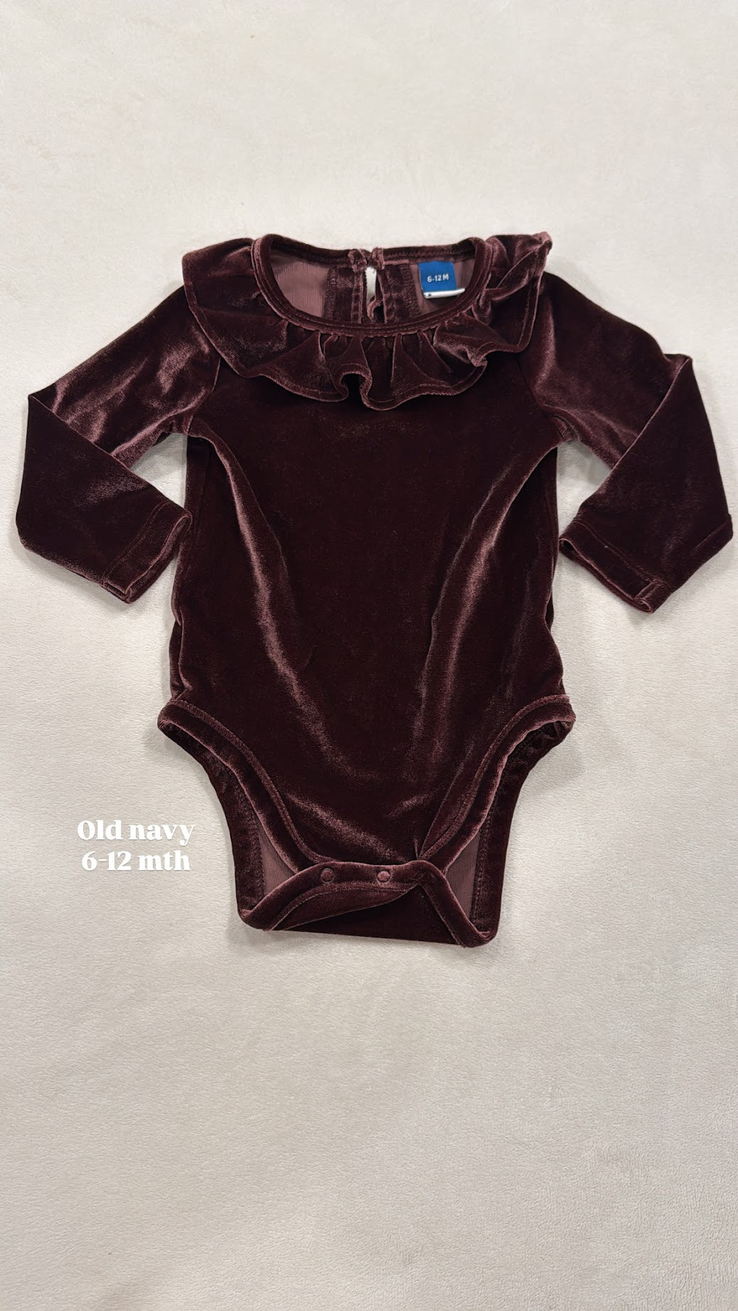 #145 Old navy velvet ruffle collar onesie Girls 6-12 mth EUC