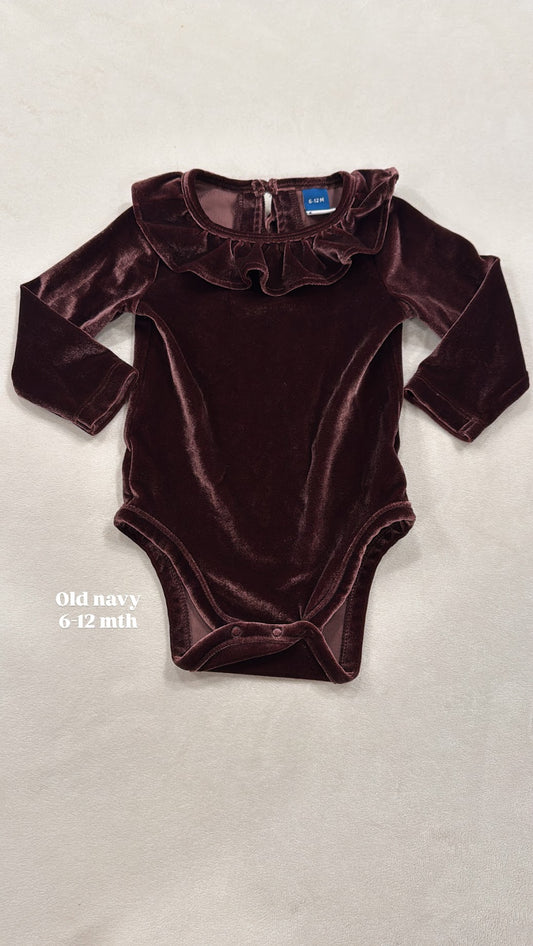 #145 Old navy velvet ruffle collar onesie Girls 6-12 mth EUC
