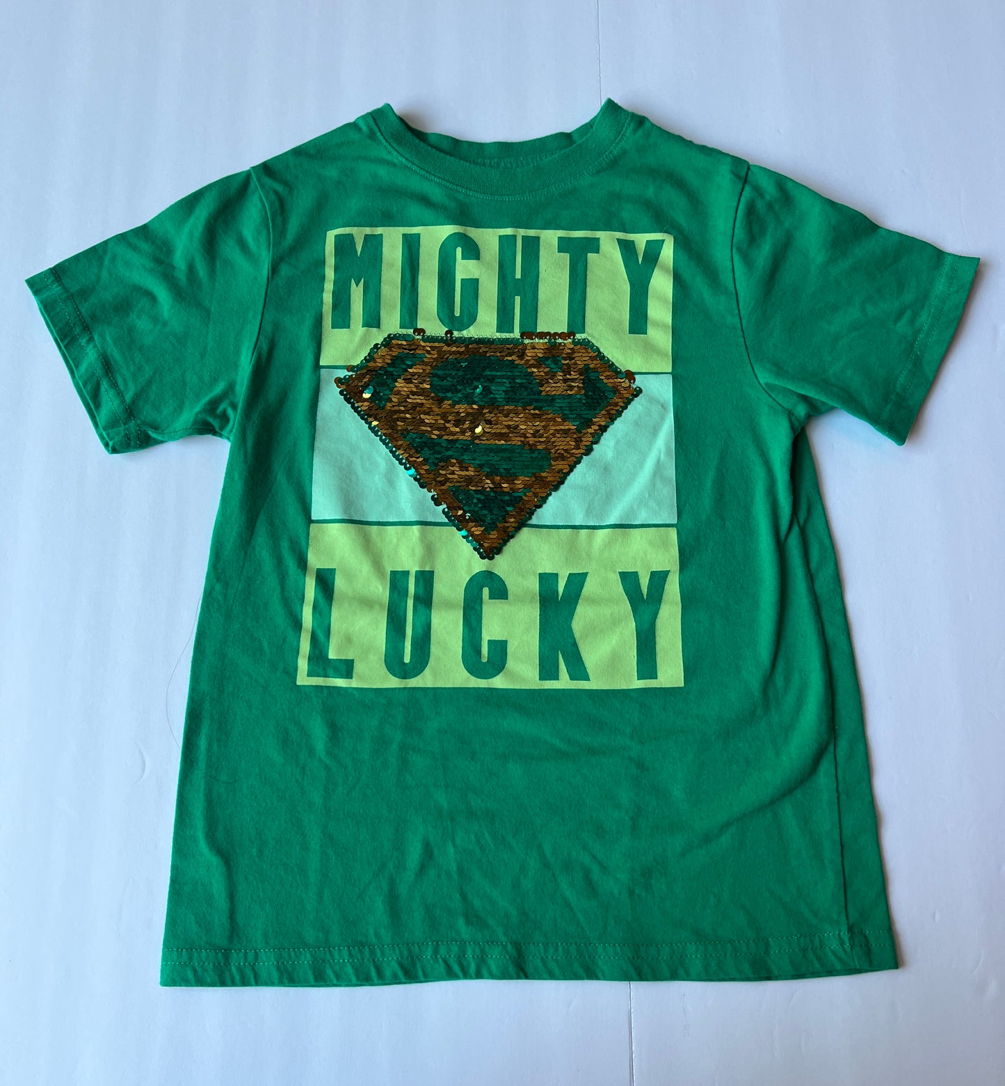 #77B Boys S (6-7) EUC Superman Might Lucky Reversible Sequin St Patrick's Day Shirt