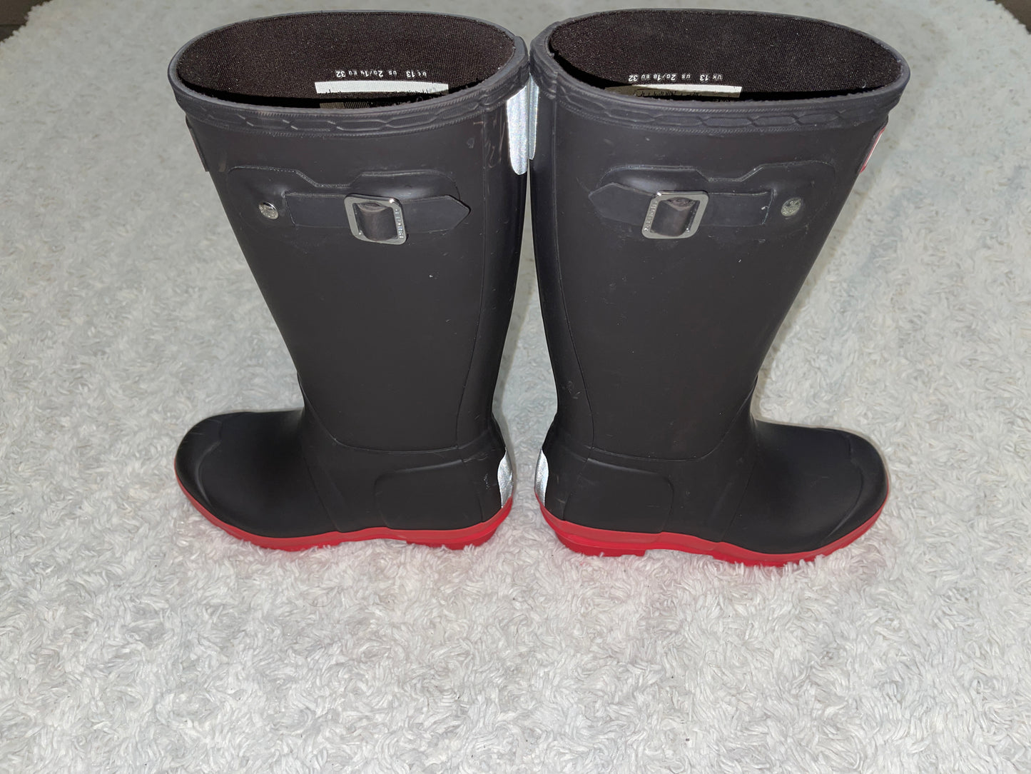 PPU Montgomery VGUC Hunter Boots Brown and Red Size Unisex 2G/1B (EU 32) with EUC Red and White Sweater Knit and Fleece Boot Socks Fits Shoe Size 1-3 (EU 32-34)