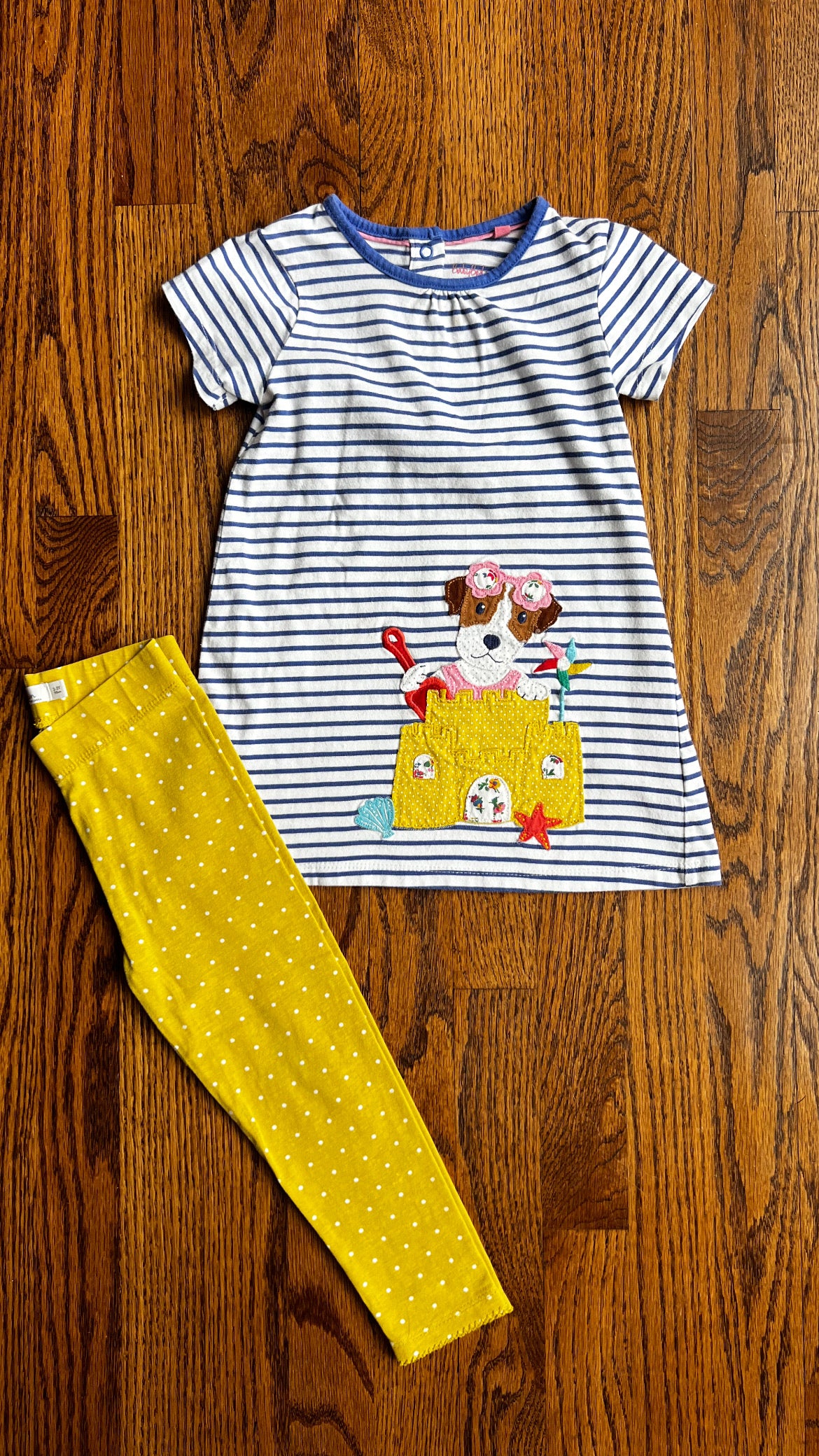 Seller #115 - Boden Girls 2-3Y Dog / Sandcastle Striped Tunic Dress with Matching Yellow Polka Dot Leggings, VGUC