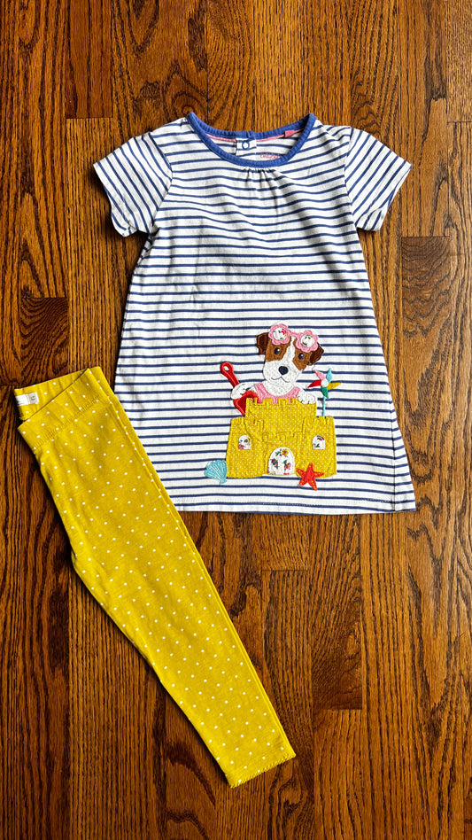 Seller #115 - Boden Girls 2-3Y Dog / Sandcastle Striped Tunic Dress with Matching Yellow Polka Dot Leggings, VGUC