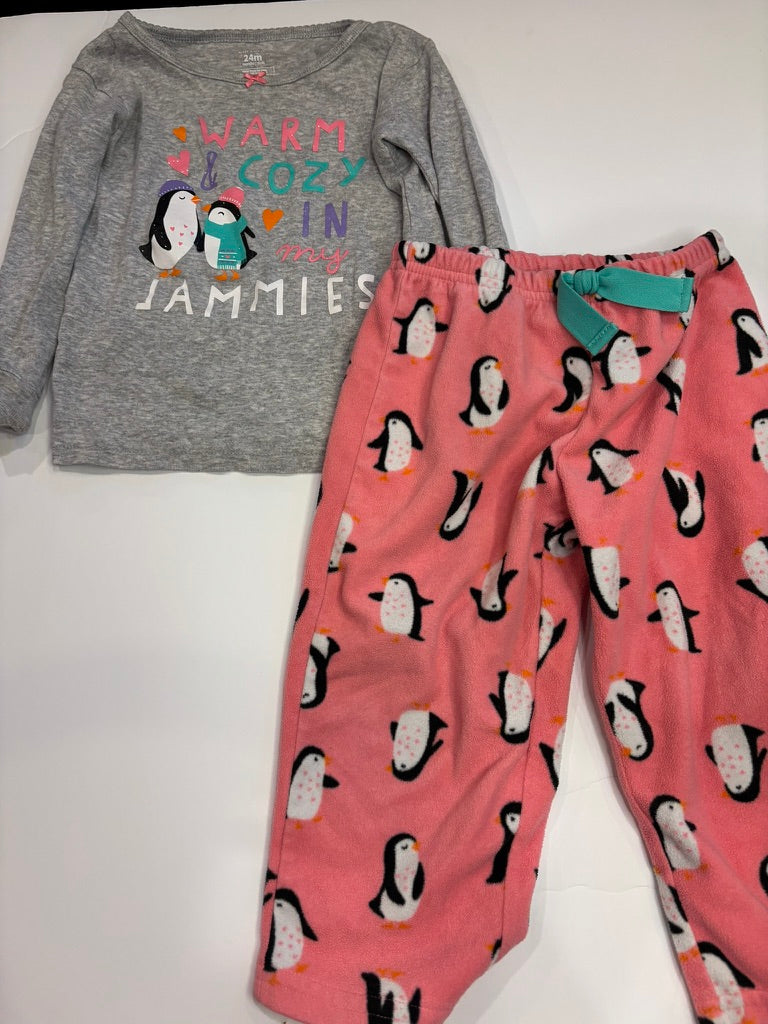 #86A girls 24 mo carters penguin pajamas, fleece bottoms