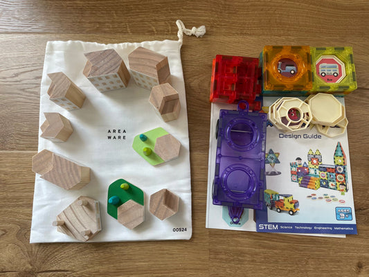 #6 - Building Toys - wood city buildings and magnetic tiles with car