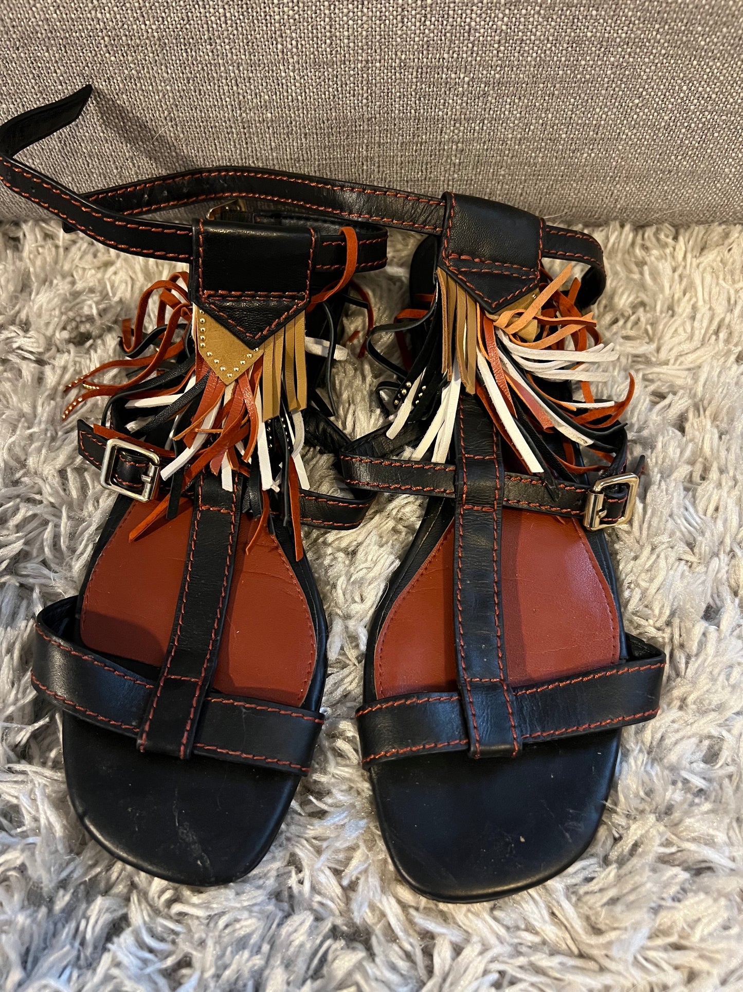 Brian Atwood Fringe Leather Flat Sandals Size 6.5 EUC PPU 45208 or Spring Sale