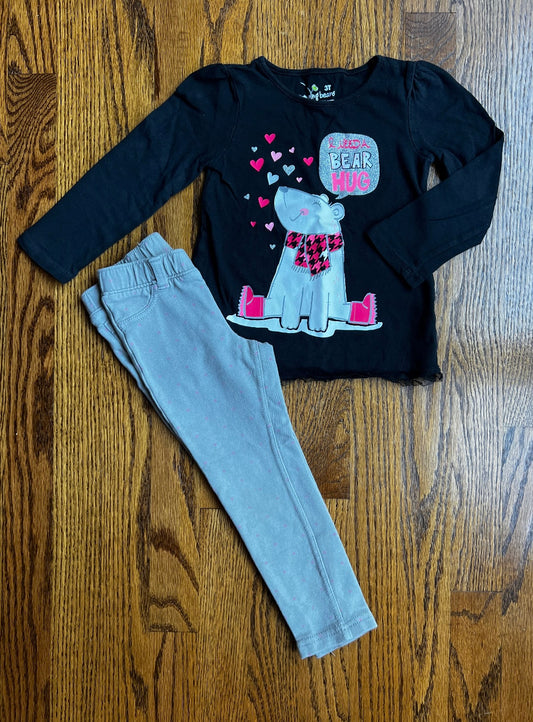 Seller #115 - Jumping Beans Girl 3T Bear Outfit (Black Top with Gray & Pink Polka Dot Jeggings), GUC