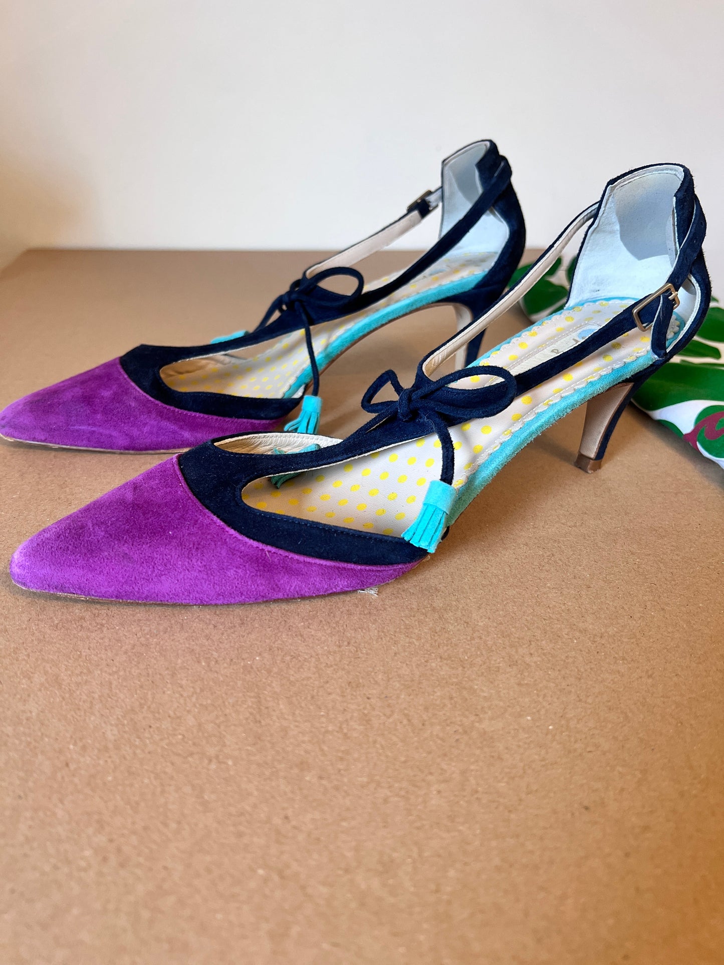 #176 - Boden women’s purple, black, turquoise kitten heels | 40