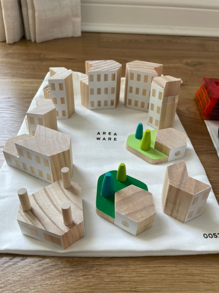 #6 - Building Toys - wood city buildings and magnetic tiles with car