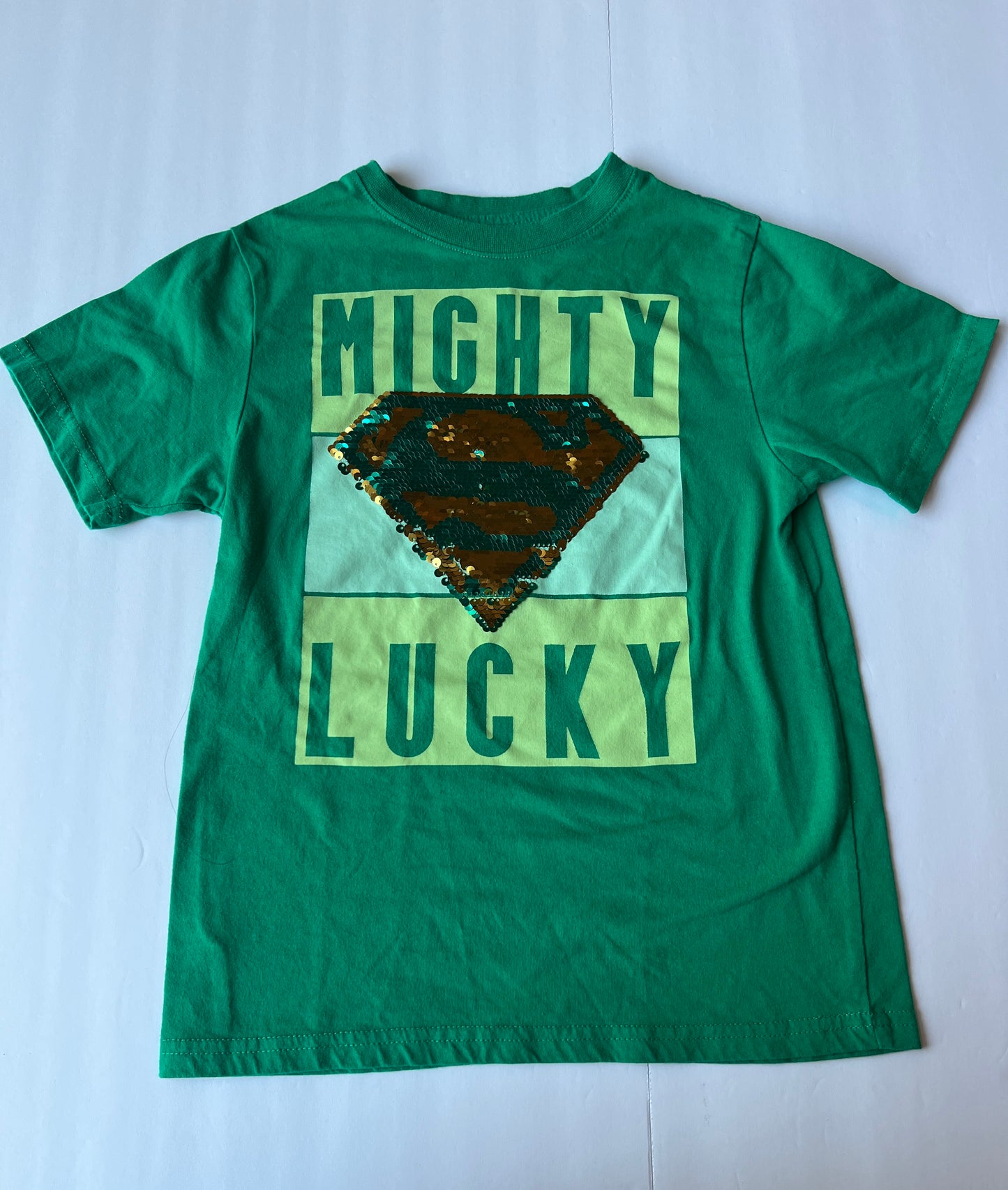 #77B Boys S (6-7) EUC Superman Might Lucky Reversible Sequin St Patrick's Day Shirt