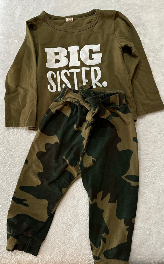 Girls 2T (Amazon size 90) big sister camo outfit
