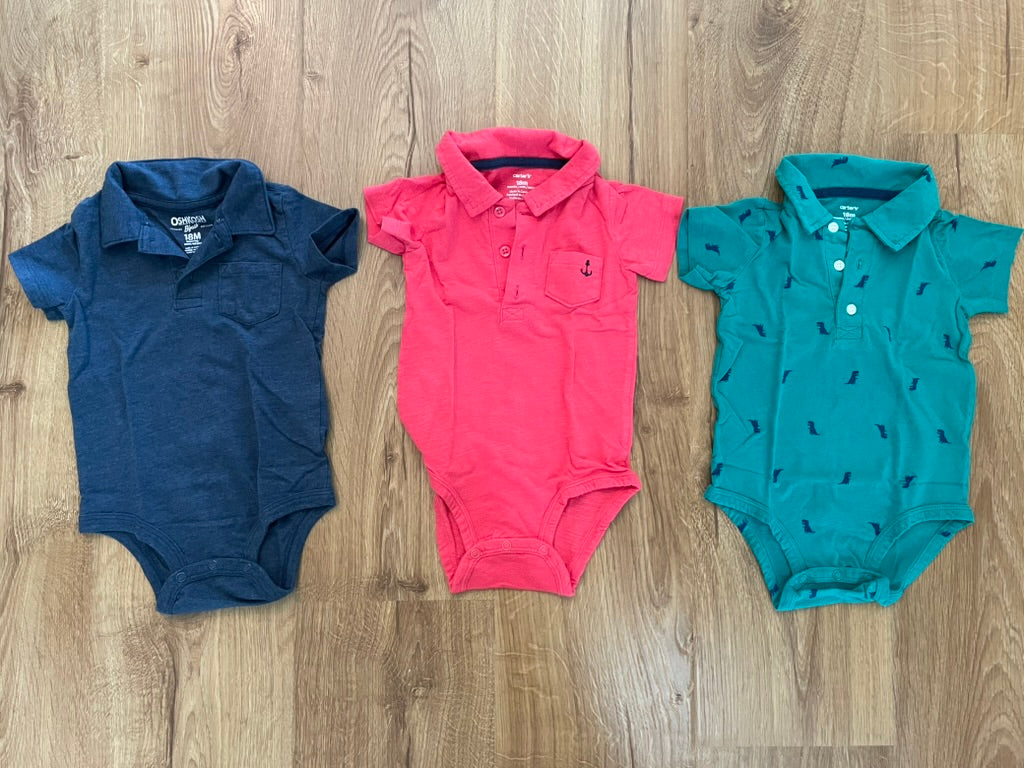 #6 - 3 Carters Boys Summer Polo Onesies, 18 months