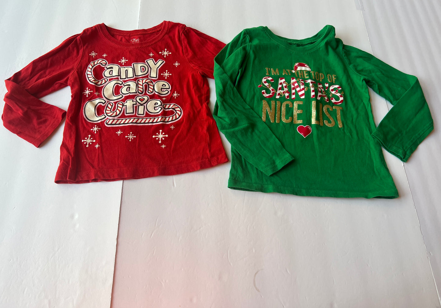 #77B Girls 4 Holiday Set of 2 Children's Place Christmas Long Sleeves - Santa's Nice List and Candy Cane Cutie