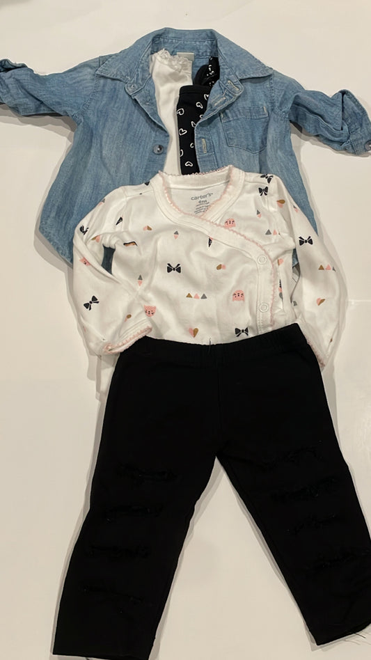 3-6 mo Baileys blossoms distressed black jeggings with chambray top and 3 undershirts
