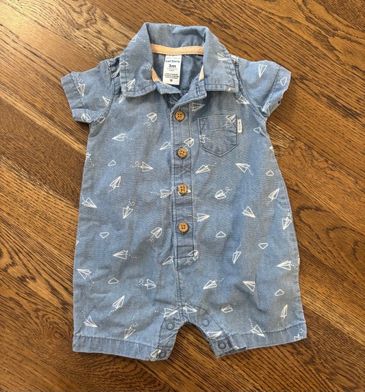 Seller #195 - m  Baby Boy Carter's Chambray Paper Airplane Polo Romper Size 3 Months