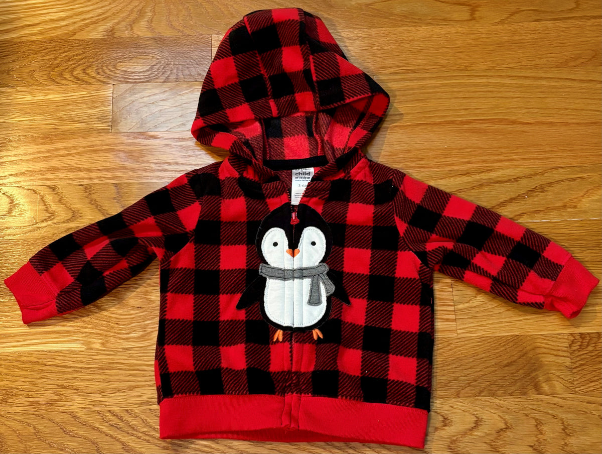#69 Carter's Plaid Penguin Fleece Jacket 3-6M