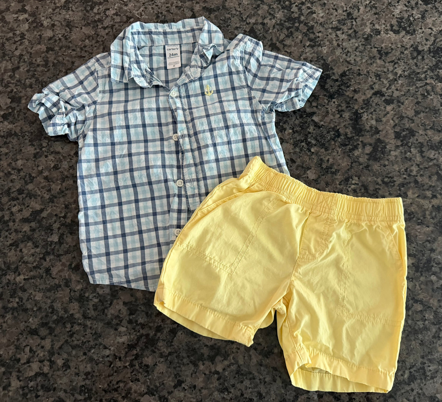 #42 Carters Boys 24M Plaid Button Up and Blue Shorts