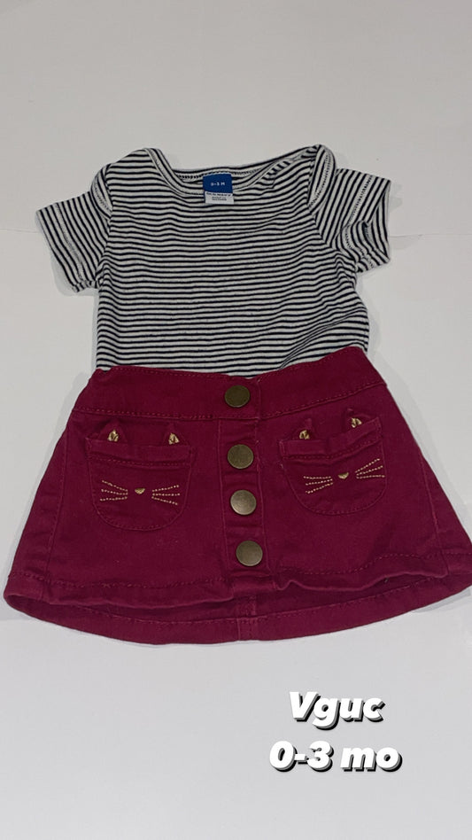 0-3 mo kitty pocket skirt with striped onesie