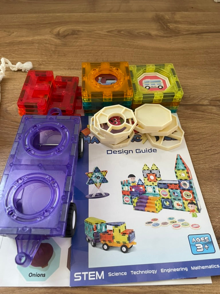 #6 - Building Toys - wood city buildings and magnetic tiles with car