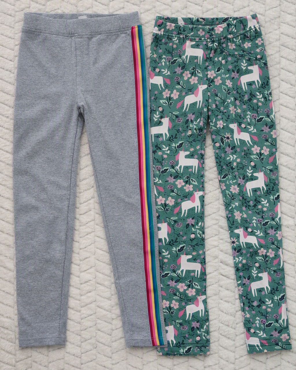 #190 Girls 8 Crewcuts Multi Gray Rainbow Stripe Leggings and Multi Green Unicorn Floral Leggings