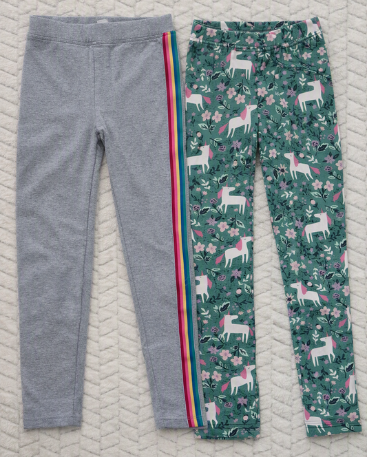 #190 Girls 8 Crewcuts Multi Gray Rainbow Stripe Leggings and Multi Green Unicorn Floral Leggings