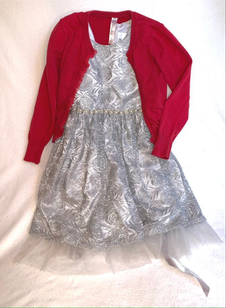 Seller #151 - REDUCED - Size 6 Girl - Holiday Dress in Silver Lace with Red Cardigan Sweater