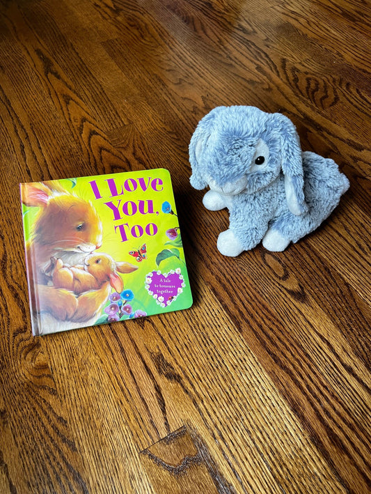 Seller #115 - REDUCED “I Love You, Too” Board Book with Stuffed Bunny, EUC/VGUC