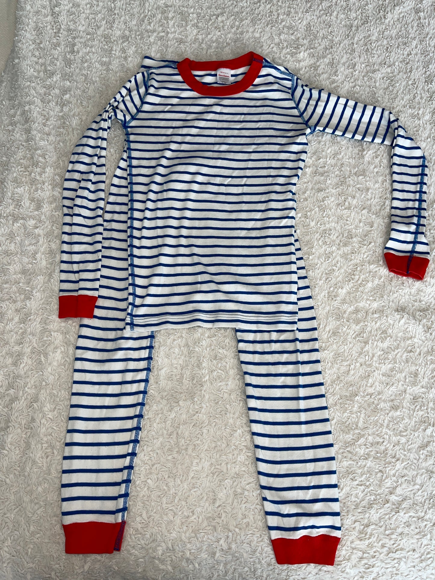 PPU Montgomery VGUC Hanna Andersson Boys Long John PJs Blue and White Striped with Tomato Red Trim Size 160 (14-16)