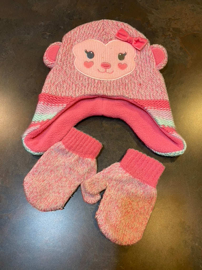 77A Girl's Pink Monkey Hat & Mittens