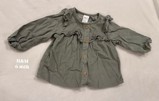 #145 H&M corduroy ruffle button top Girls 6 mth EUC
