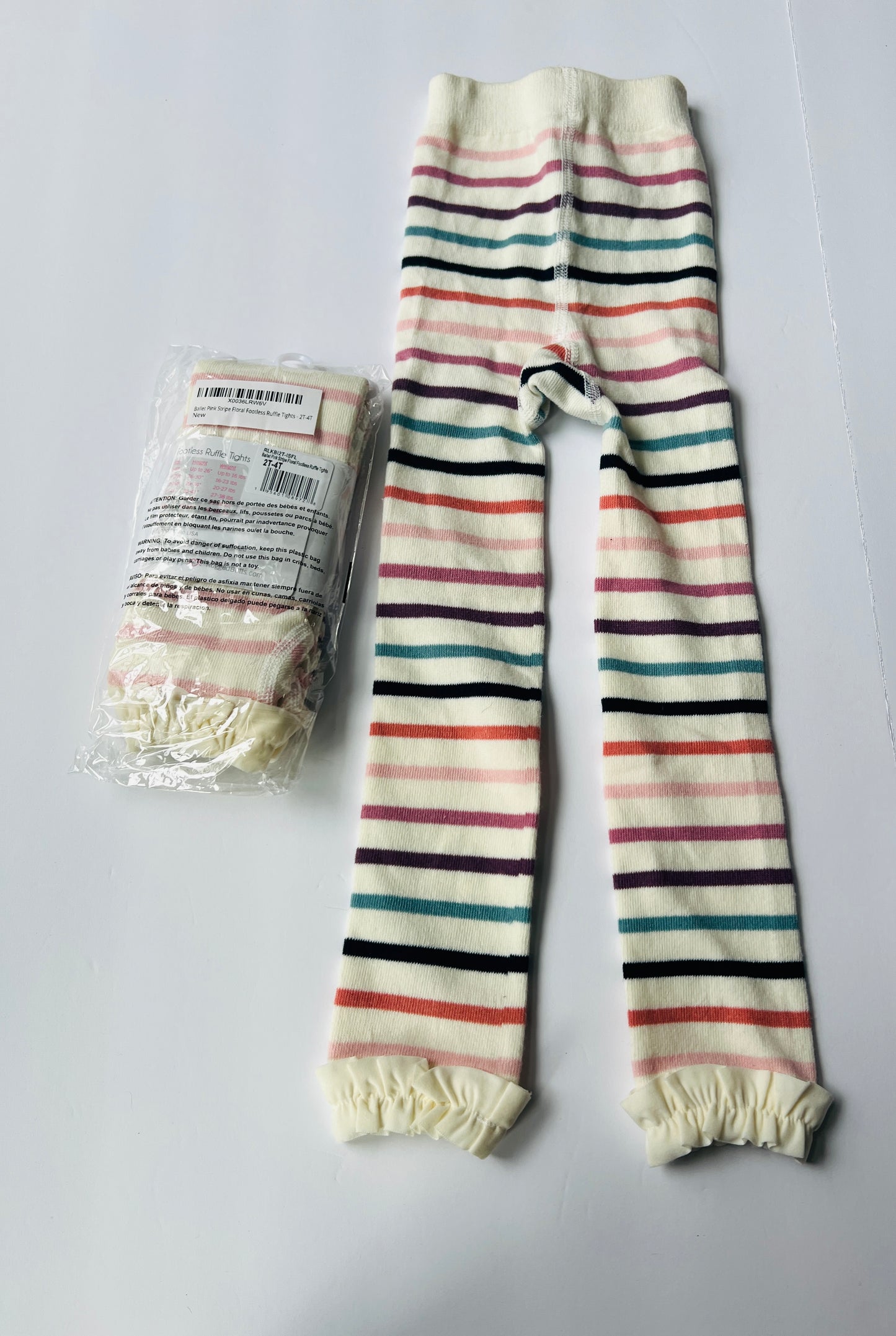 #77B Girls Size 2T-4T Ruffle Butts Set of 2 New Footless Tights (NMT White with pink stripe and floral/NWOT Cream with pastel stripes)