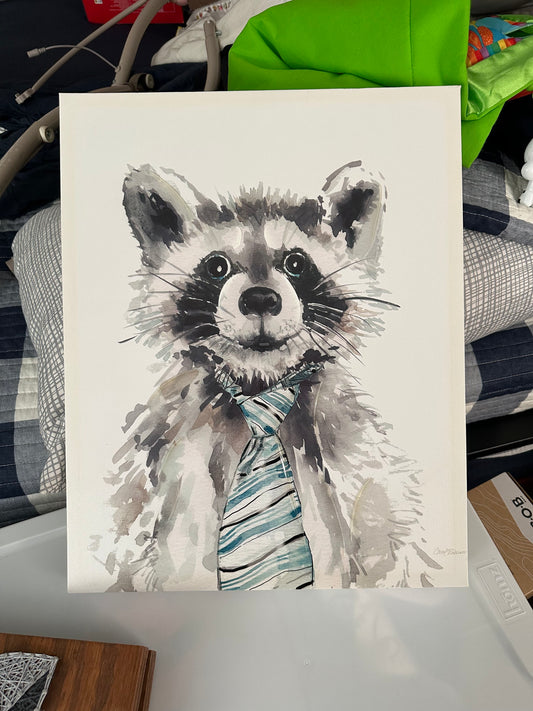 canvas wall decor, raccoon with tie  20X16