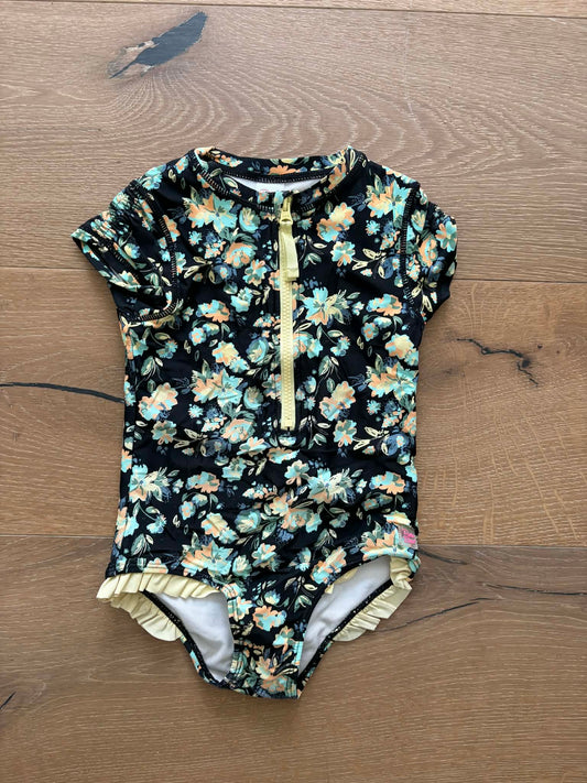 #196 RuffleButts Girls Size 5 Black Floral Rashguard Swimsuit Bathing Suit (Also have a 4T listed!)