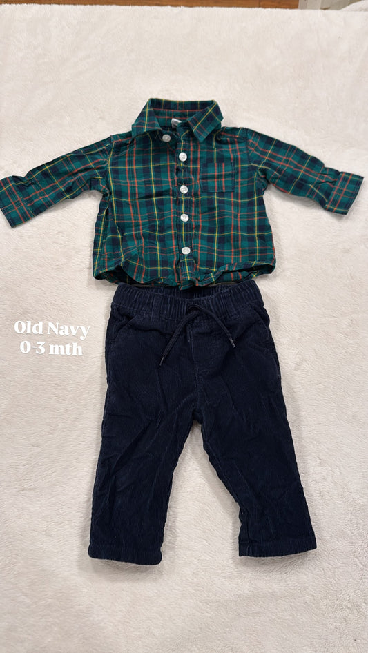 #145 Old navy plaid button up and corduroy pants Boys 0-3 mth EUC