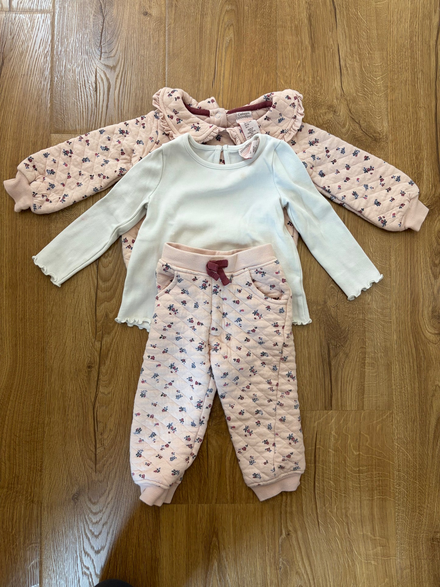 #6 - Catherine Malandrino Girls Pink Floral Quilted Outfit with White Ruffle Shirt - 18 months